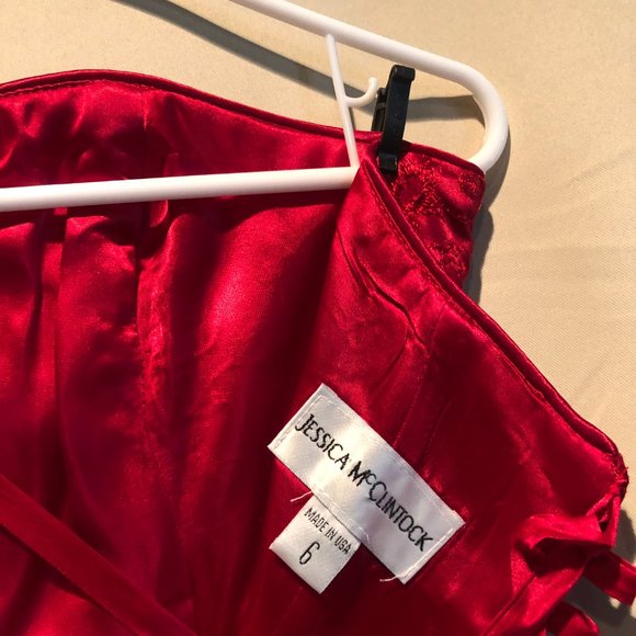 Jessica McClintock Red Satin Strapless Dress ~ Corset Back & Wrap ~ Size 6 - Picture 4 of 9